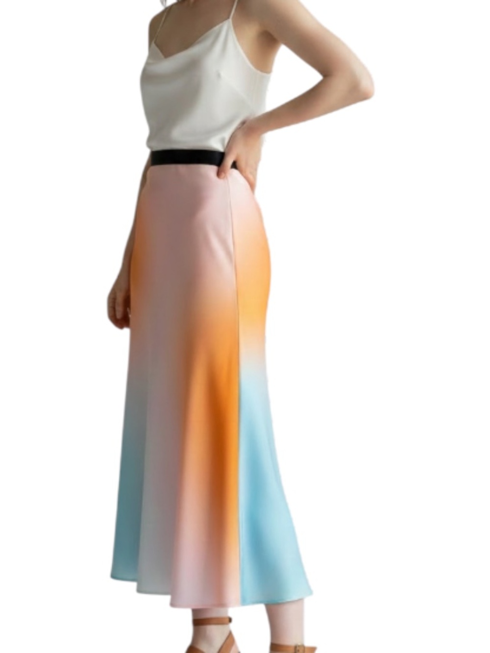 Crosby Blush Blue Orange Ombre Satin A Line Midi Skirt Small
